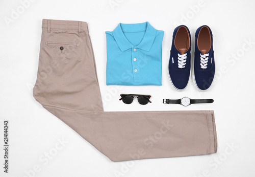 Set of stylish clothes and accessories on white background, flat lay