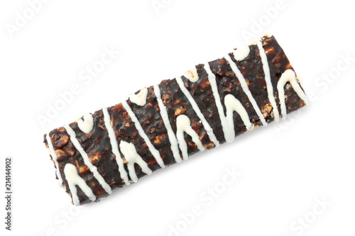 Grain cereal bar with chocolate on white background. Healthy snack