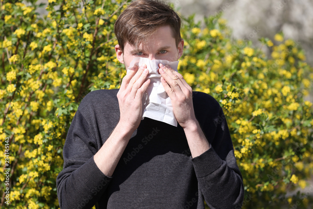 Young man with nose wiper near blooming tree. Allergy concept Young man with nose wiper near blooming tree. Allergy concept