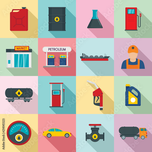 Petrol station gas fuel shop icons set. Flat illustration of 16 petrol station gas fuel shop vector icons for web