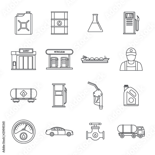 Petrol station gas fuel shop icons set. Outline illustration of 16 petrol station gas fuel shop vector icons for web