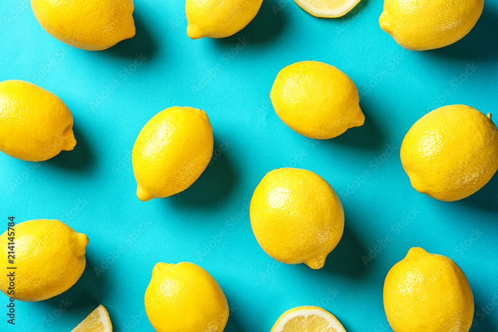 Flat lay composition with lemons on color background Flat lay composition with lemons on color background