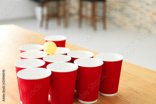 Set for beer pong game on table