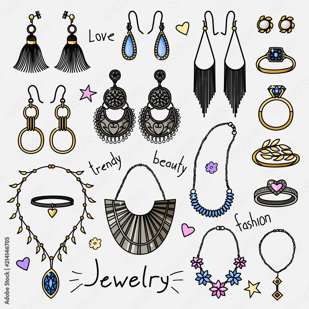 Set of hand drawn women accessories. Jewelry - earrings, rings, necklaces.  Fashion collection. Colored doodle illustration. Stock-Vektorgrafik | Adobe  Stock