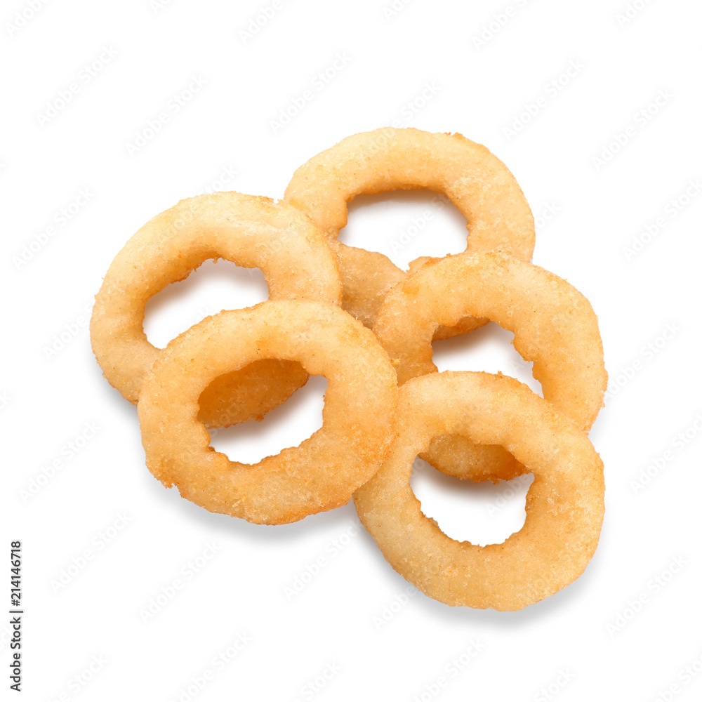 Freshly cooked onion rings on white background, top view
