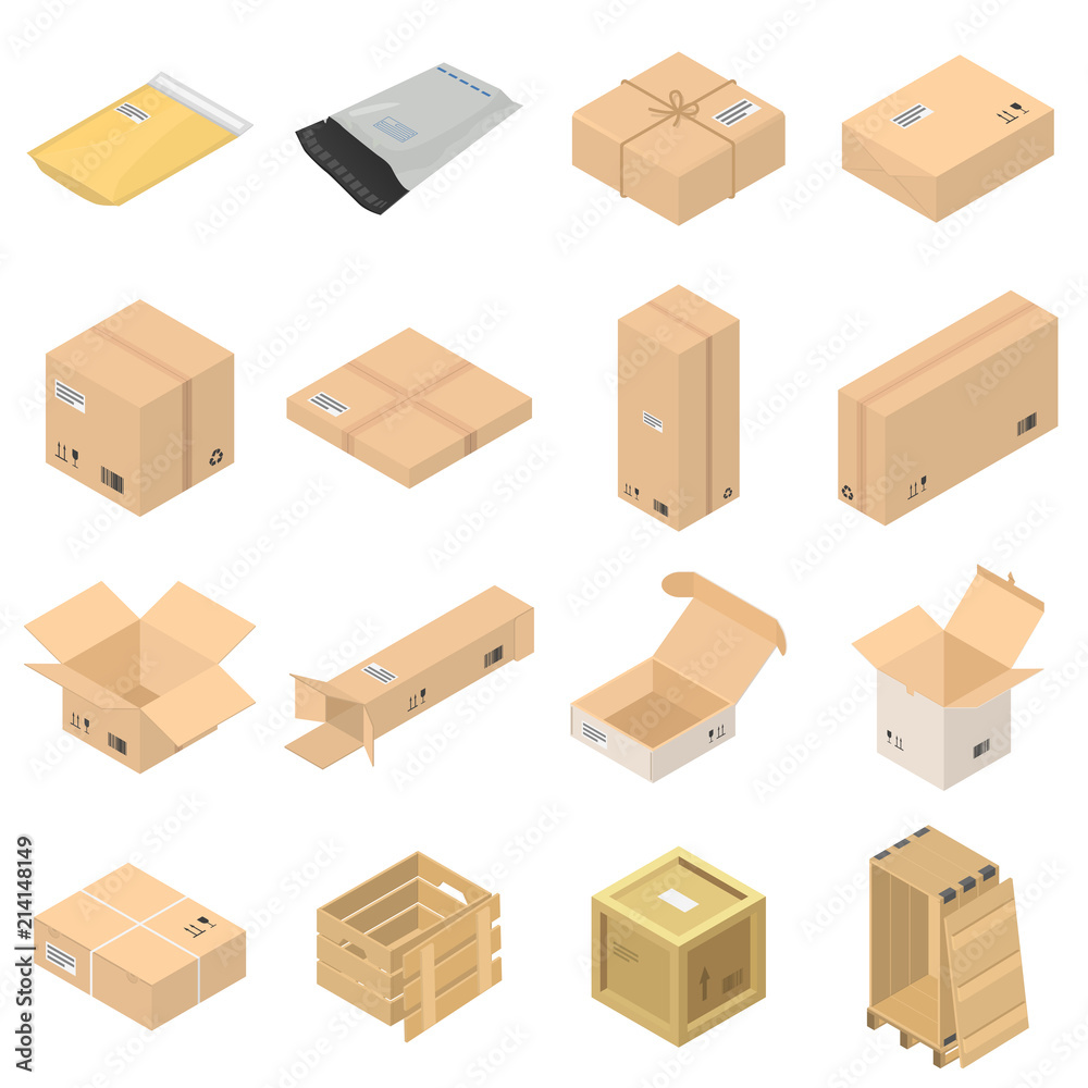 Parcel packaging delivery box poste icons set. Isometric illustration of 16 parcel packaging delivery box poste vector icons for web