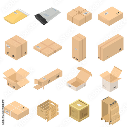 Parcel packaging delivery box poste icons set. Isometric illustration of 16 parcel packaging delivery box poste vector icons for web