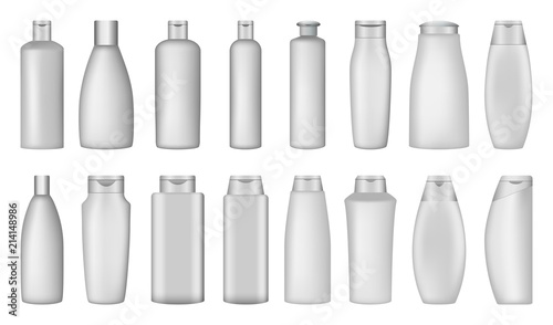 Shampoo bottle hair body washing soap care mockup set. Realistic illustration of 16 shampoo bottle hair body washing soap care mockups for web