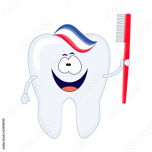 Cute cartoon tooth with a red toothbrush and toothpaste. Vector 