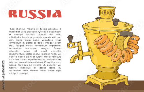 Banner with russian samovar with bagels on the table, inscription russia and place for text. Traditional russian food. Hand drawn doodle illustration