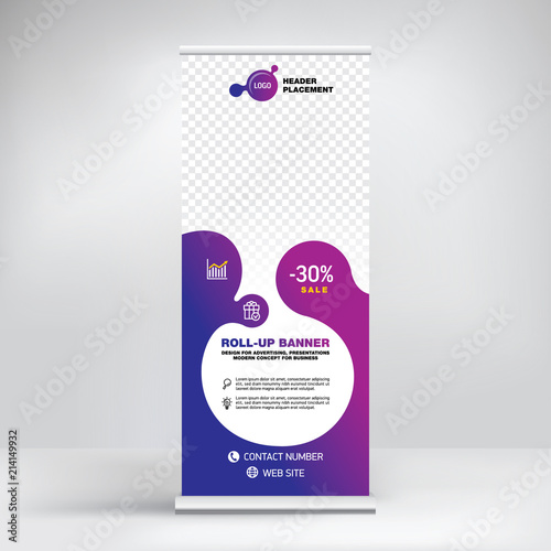 Roll-up design, modern graphic style, advertising banner, stand exhibitions, presentations, conferences, seminars. Abstract purple background for posting photos and text.