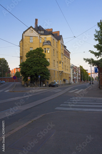 Historical buildings in Helsinki Street on a summer evening. Travel to Finland