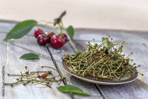 duretic, cherry tails medicine, healthy, herbal tea, virtues on wooden table photo