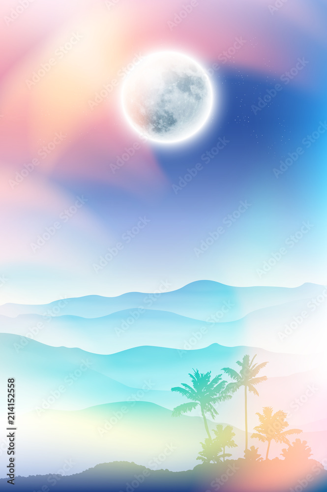 Summer background with fullmoon and palm tree and mountains in the fog. EPS10 vector.