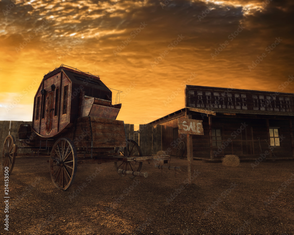 Old west 3D illustration, carriage and house at sunset