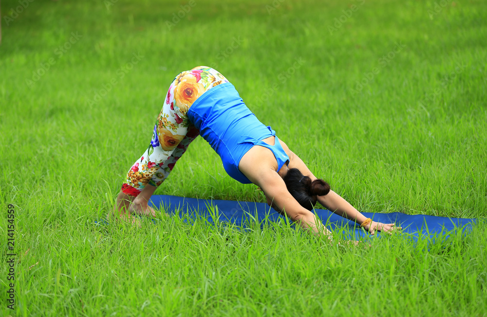 A woman is practicing yoga on the grass A woman is practicing yoga on the grass