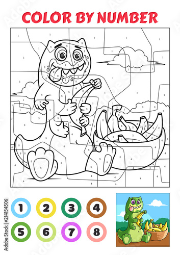 Color by Number is an educational game for children. Happy green monster eating bananas.