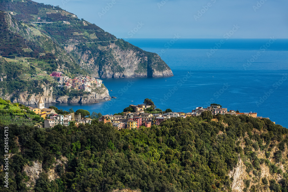 View of Corniglia and Manarola, colorful villages of Cinque Terre, Italy.