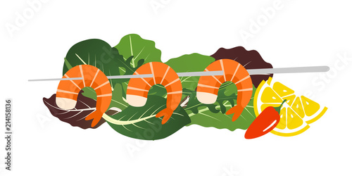 Grilled shrimp skewers on mix of lettuce leaves. Tasty fresh cooked fried shrimps dish with lemon slice, dill and pepper. Sea food nutrition concept. Vector flat cartoon isolated illustration.