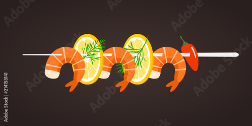 Grilled shrimp skewers. Tasty fresh cooked fried shrimps dish with lemon slice, dill and pepper. Sea food nutrition concept. Vector flat cartoon isolated illustration.