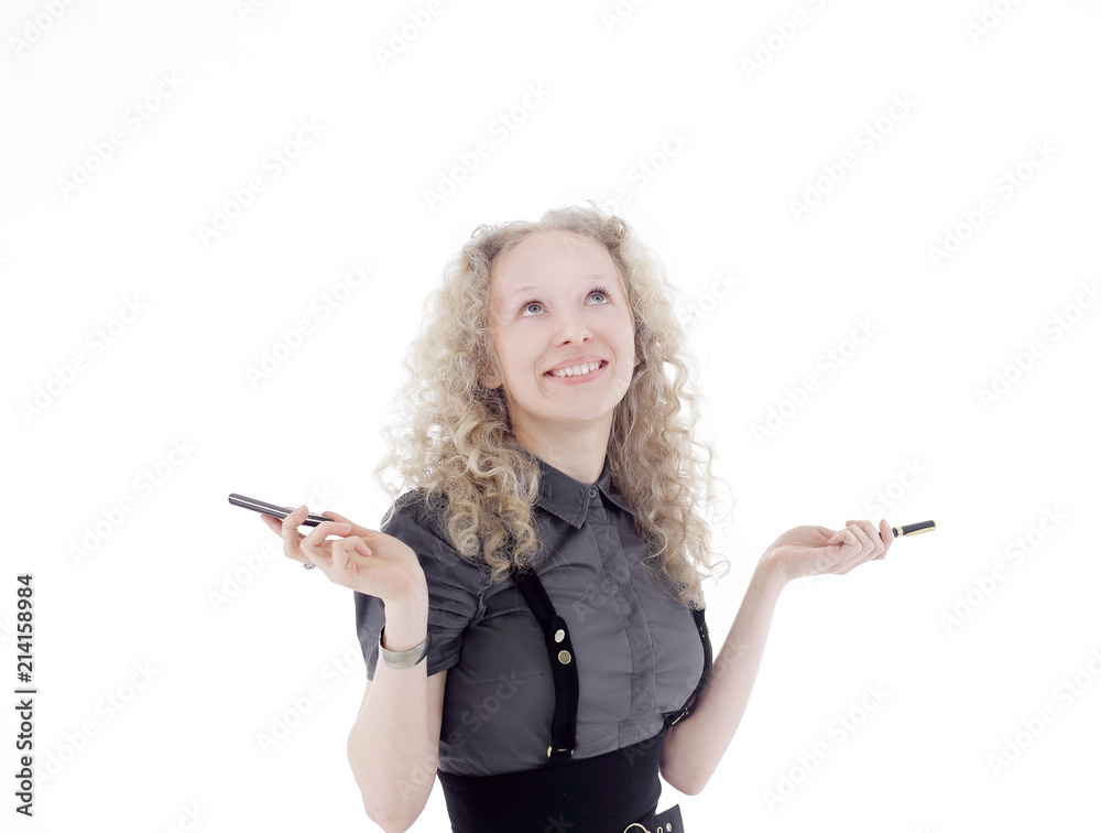 young smiling woman assistant with a mobile phone .isolated on young smiling woman assistant with a mobile phone .isolated on