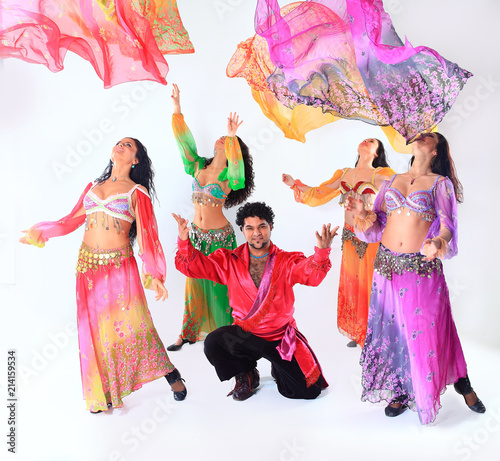 professional dance troupe of Gypsies in traditional dress performs folk dance