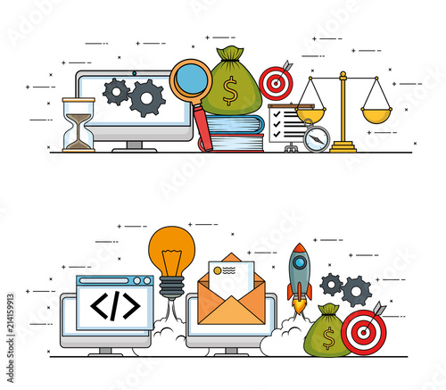 start up business set icons
