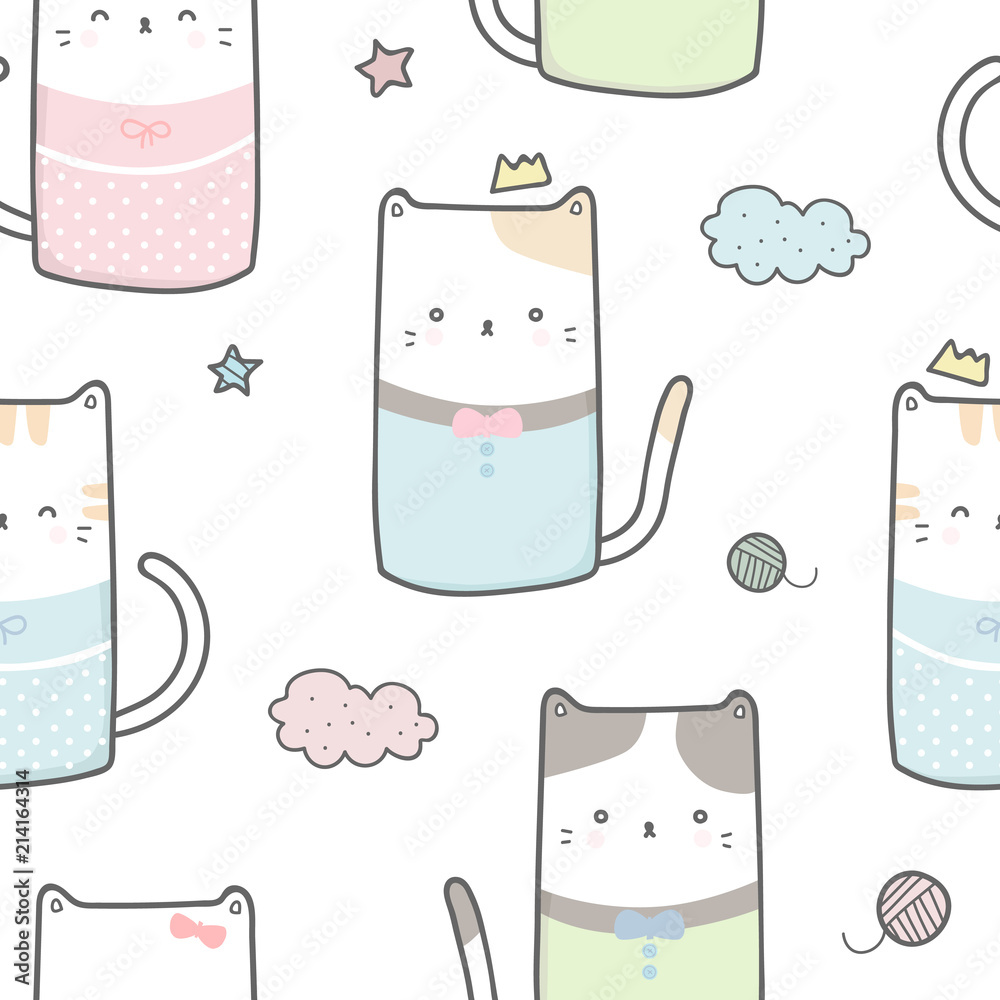 Cute adorable pastel color cat kitten cartoon doodle seamless pattern  background wallpaper Stock Vector | Adobe Stock