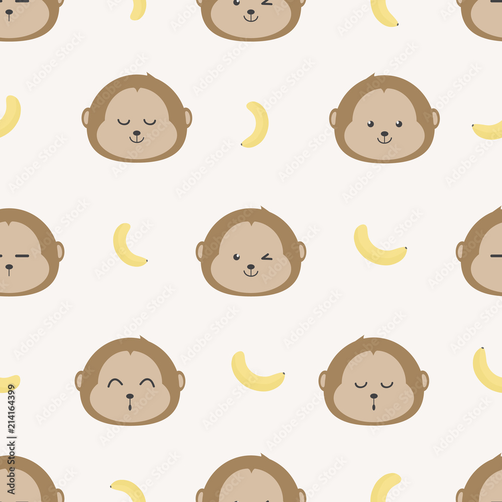 Cute adorable baby monkey faces and bananas cartoon doodle seamless pattern  background wallpaper Stock Vector | Adobe Stock