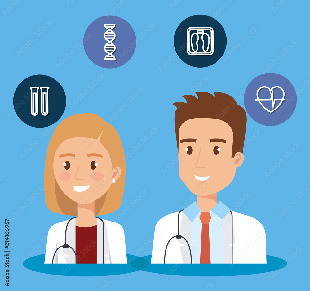 healthcare icons and medical staff characters vector illustration design
