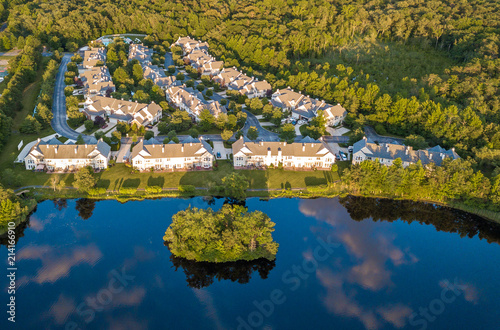 Aerial photo of the lake among the countryside living community