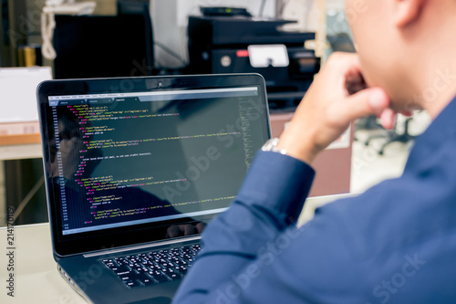Developing programming and coding technologies on desk white blurry screen, Website design, Programmer working in a software develop company office,Data processing center, Server room