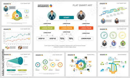 Colorful basketball and ecology concept infographic charts set. Business design elements for presentation slide templates. For corporate report, advertising, leaflet layout and poster design.