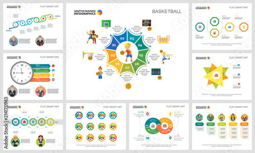 Colorful basketball or marketing concept infographic charts set. Business design elements for presentation slide templates. Can be used for financial report, workflow layout and brochure design.