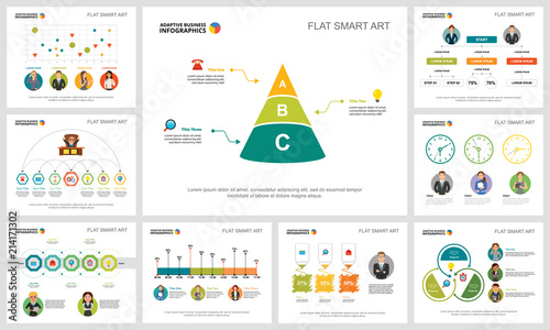 Colorful marketing or management concept infographic charts set. Business design elements for presentation slide templates. Can be used for financial report, workflow layout and brochure design.