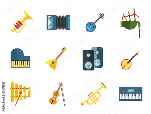 Listening to Music Icon Set. Drum And Drumsticks Balalaika Banjo Instrument Classic Accordion Violin And Bow Trumpet Xylophone Grand Piano Scottish Bagpipe Synthesizer Acoustic Speakers