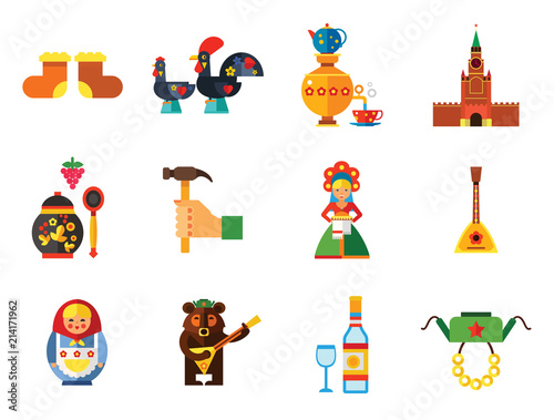 Russian Symbols Icon Set. Kremlin Saint Basil Cathedral Valenki Russian Rooster Samovar Matryoshka Bear With Balalaika Russian Welcome Vodka Balalaika Hand With Hummer Ushanka Khokhloma
