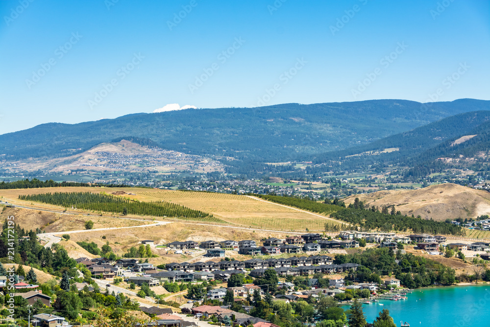 Scenery with view on resort area of Kalamalka lake and Rocky mountain landscape in British Columbia, Canada