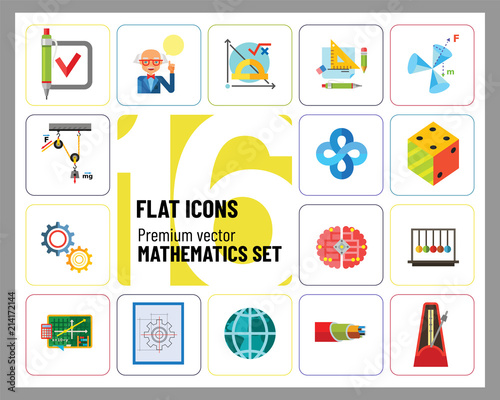 Mathematics Icon Set. Gear Wheel Drawing Metronome With Pendulum Collision Balls Globe Cubes Diagram Philosophy Symbol Logic Concept Algebra Cable Artificial Intelligence Gravity Force