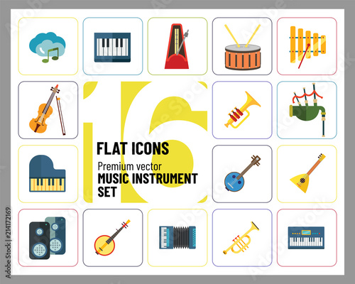 Music Instrument Icon Set. Drum And Drumsticks Balalaika Banjo Instrument Classic Accordion Violin And Bow Trumpet Xylophone Grand Piano Scottish Bagpipe Synthesizer Acoustic Speakers