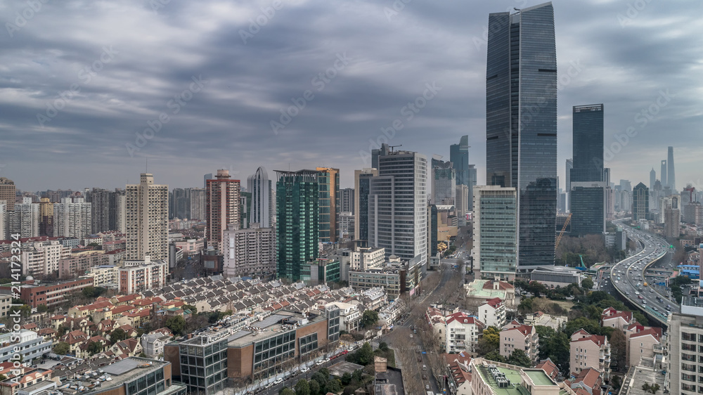 Aerial view of highway and buildings in West Yan`an road, Shanghai city on a cloudy day