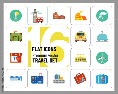 Travel icons set with airplane, flight ticket and suitcase. Thirteen vector icons