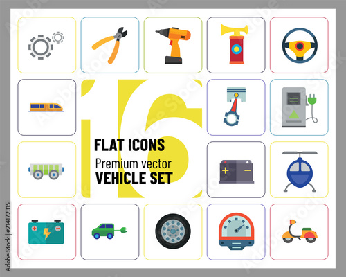 Vehicle icons set with helicopter, electrocart and trolley car. Thirteen vector icons