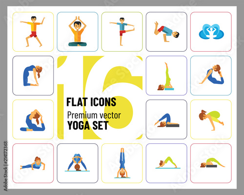 Yoga Icon Set. Meditation Rajakapotasana Sarvangasana Halasana Ustrasana Astavakasana Bakasana Handstand Virabhadrasana Svanasana Prasarita