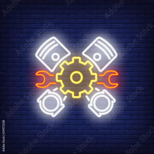 Neon icon of mechanic tools and pedals. Car details, gear, wrench. Car repair concept. Can be used for maintenance, service, garage