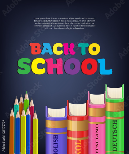 Back to school brochure design with books and colorful pencils. Text can be used for signs, posters, banners