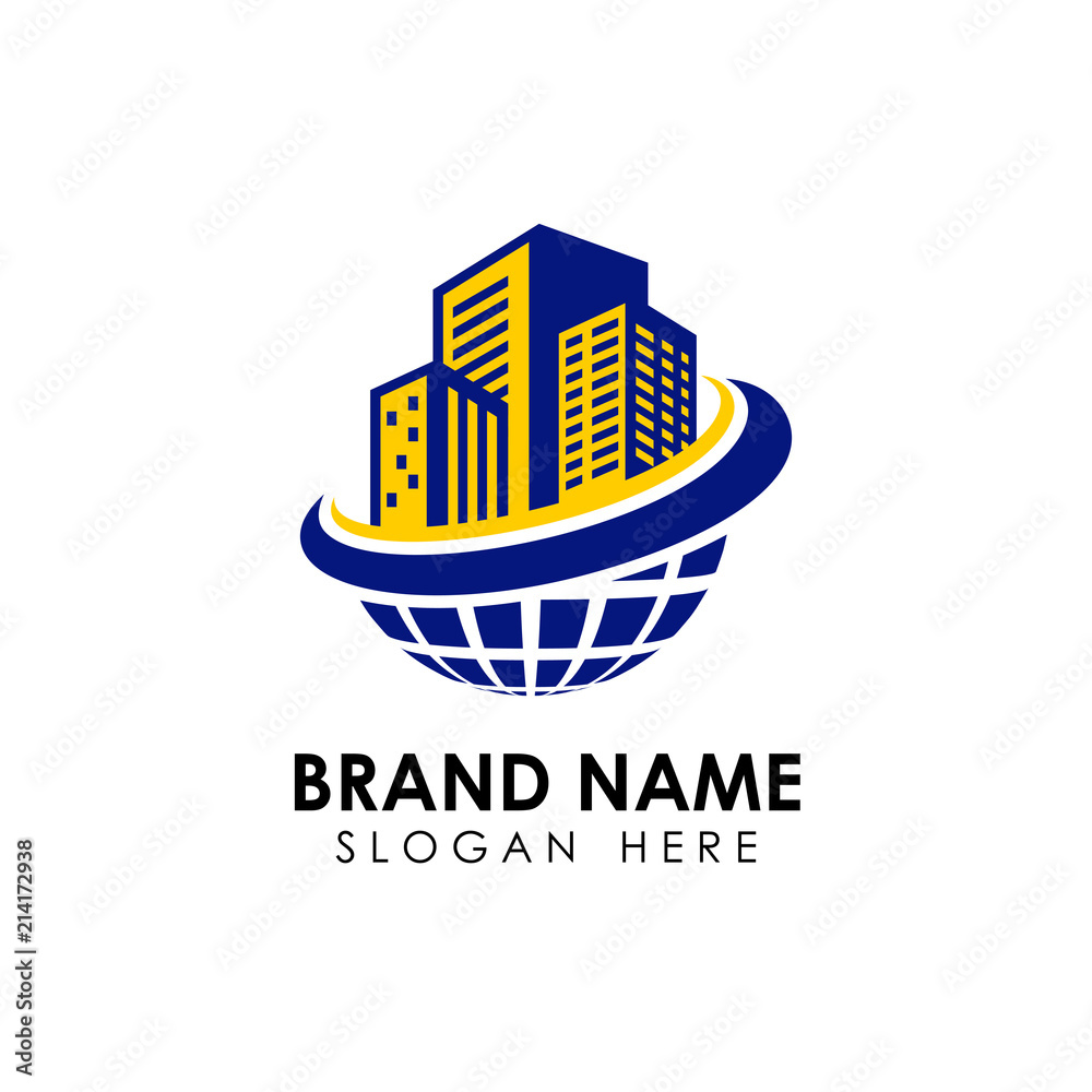 3d world building construction logo template. building and globe vector icon