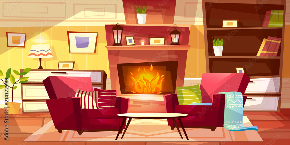 Living room interior vector illustration of cozy modern or retro apartments  and furniture. Cartoon background of armchairs at fireplace, table and  bookshelf with lamp on drawer Stock Vector | Adobe Stock