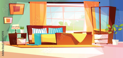 Bedroom interior vector illustration of furniture on background. Cartoon design of modern or retro room with bed, drawer with mirror and shelf, plants and lamp on carpet and window with curtains