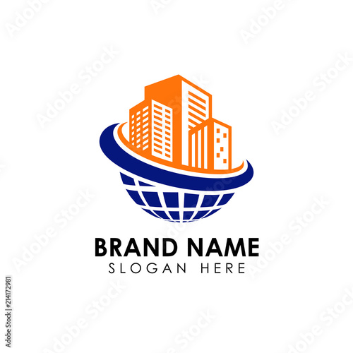 3d world building construction logo template. building and globe vector icon